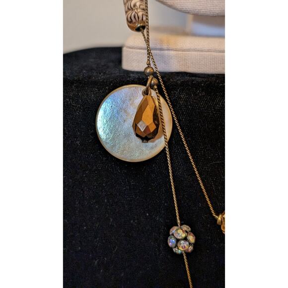 Antique Bronze Chain W/ Shell Glass CZ Ball Crystal Teardrop Beaded 36" Necklace - Picture 4 of 8